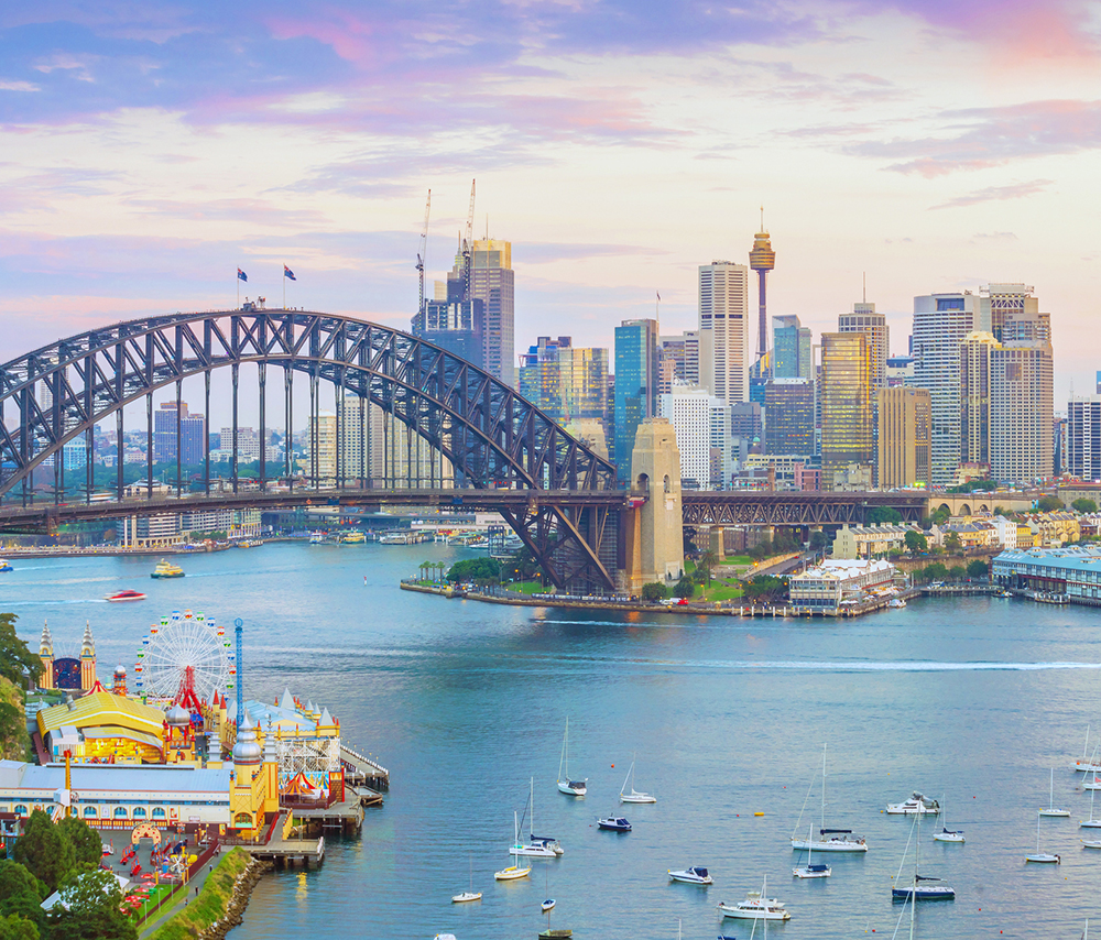 Downtown Sydney skyline in Australia from top view at twilight