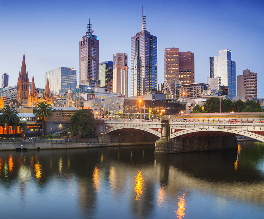 Melbourne's skyline at dusk.