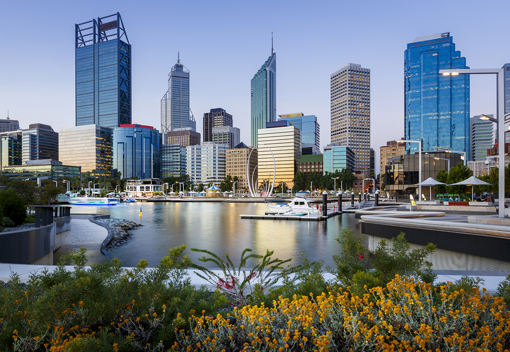 Cityscape of Perth WA from Elizabeth Quay Just after sunset