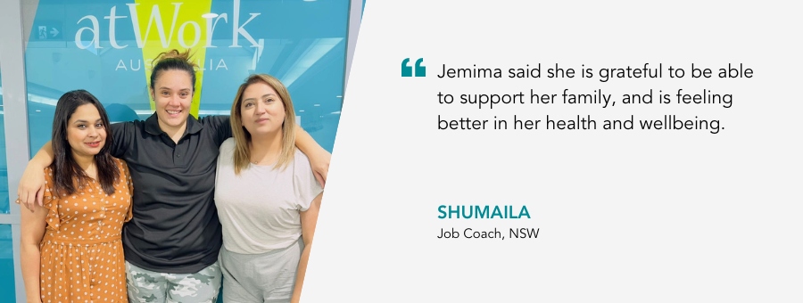 Three women, Jemima, Shumaila and Karishma stand arm in arm, quote reads "Jemima said she is grateful to be able to support her family, and is feeling better in her health and wellbeing.