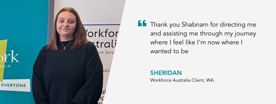 Lady in a black jumper is smiling. Her quote reads: “Thank you Shabnam for directing me and assisting me through my journey where I feel like I'm now where I wanted to be,” said Sheridan, client.