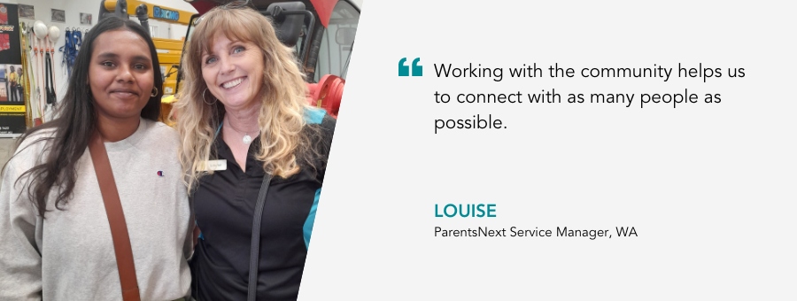 Service Manager Louise stands proudly next to a client, Quote reads " Working with the community helps us to connect with as many people as possible. 