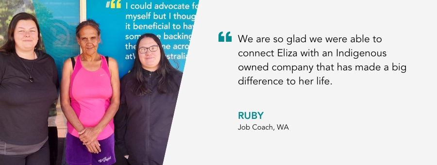 Eliza stands proudly in front of the atWork Australia office. Quote reads "We are so glad we were able to connect Eliza with an Indigenous owned company that has made a big difference to her life."